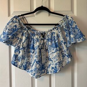 Zara Floral Blue and White Off-Shoulder Top